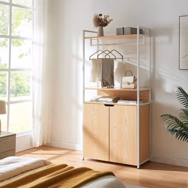 Organizzatore Guardaroba Larem en.casa Mobile Porta Abiti con Armadietto e Mensole - Bianco e Effetto Rovere - L/P/H: 84 x 40 x 180 cm