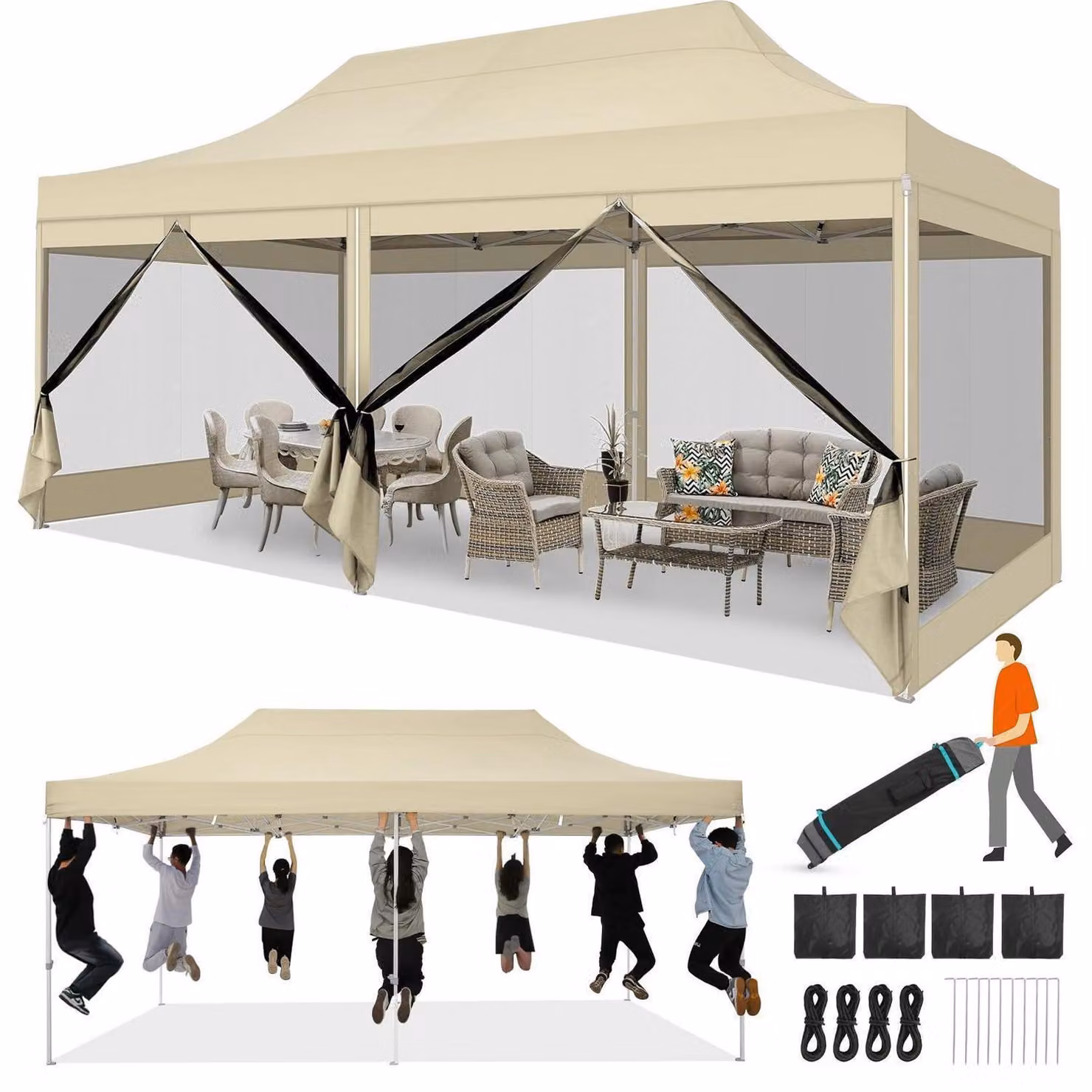 Gazebo da giardino pieghevole, impermeabile, dimensioni 3x6 metri, stabile, con 6 pareti laterali, colore kaki, tessuto Oxford 420D