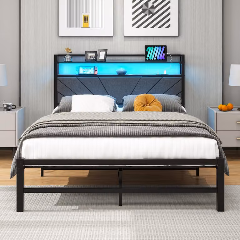 Letto matrimoniale in metallo, 120x200 cm, con illuminazione a LED, base di ricarica e spazio contenitivo, color grigio scuro