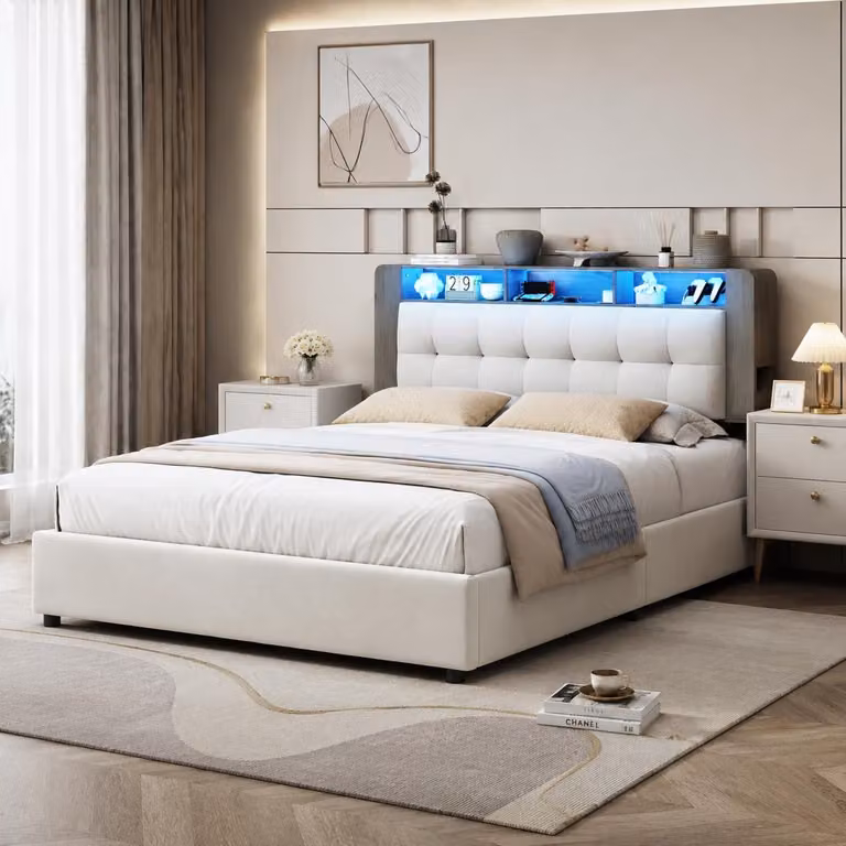 INONEFT, Letto idraulico 160 × 200 cm, letto per adulti, letto imbottito con spazio contenitore e rete a doghe, letto matrimoniale con caricabatterie wireless e luci LED, rivestito in velluto