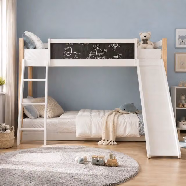 Letto a castello per bambini con scala e scivolo; in legno bianco; 90x200 cm