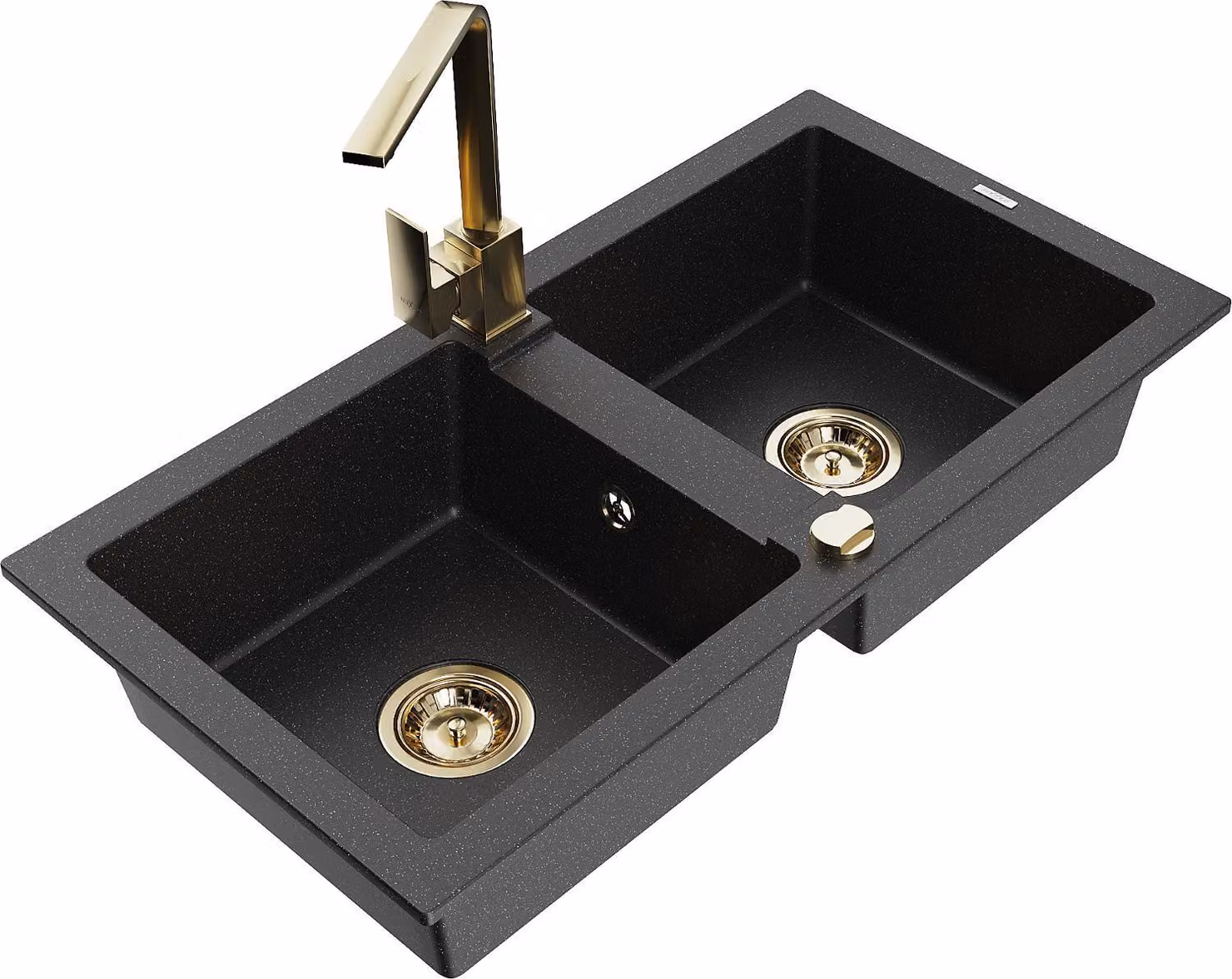 Mexen Mario lavello in granito 2 vasche con rubinetto da cucina Rita, nero/argento metallico - 6504-73-670300-50