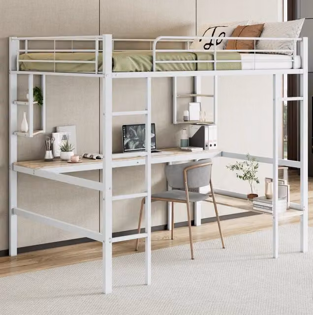 Letto a soppalco 140x200 cm con scrivania; scaffali e libreria in metallo e MDF; bianco