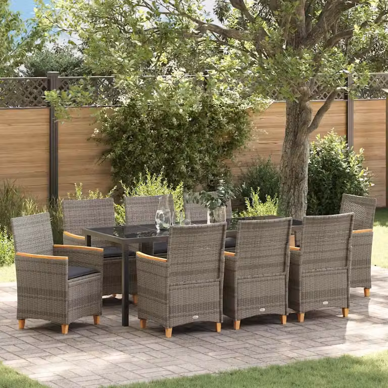 Set da pranzo per giardino e terrazza vidaXL in polyrattan con piano in vetro, 9 pezzi, Grigio e Marrone