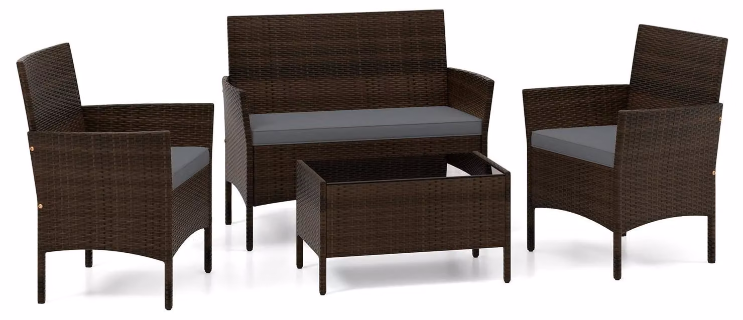 Set da giardino in rattan composto da 4 pezzi con cuscini e tavolo, grigio.