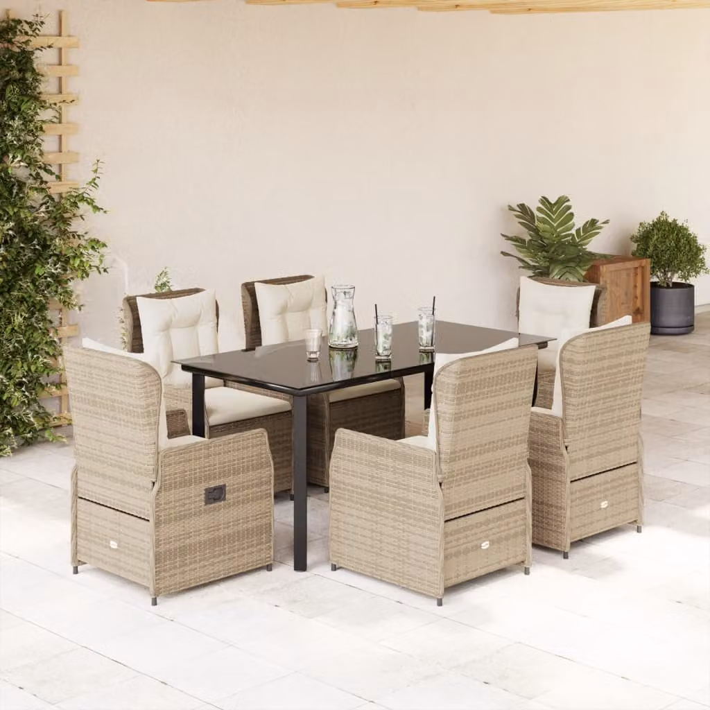 Set da pranzo da giardino vidaXL in polyrattan con cuscini beige e tavolo in vetro, 7 pezzi