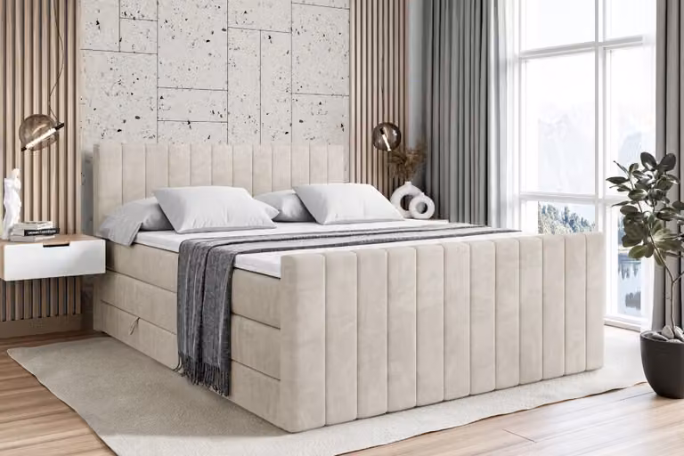 Letto boxspring ALTDECOR con pediera, 2 materassi e topper - 120x200 cm - EDITA-Z KING - Velluto color taupe - Letto imbottito con materassi H3 e H4, contenitore e rete a doghe, letto con spazio contenitivo