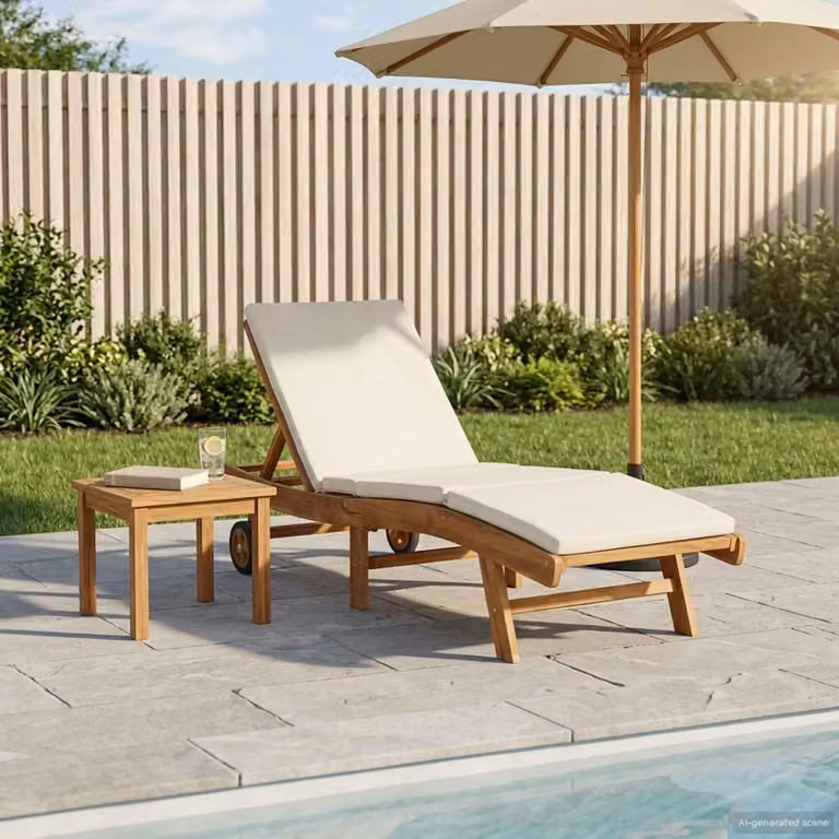 vidaXL Lettino da sole in legno di teak con tessuto resistente ai raggi UV marrone e beige e poggiatesta regolabile