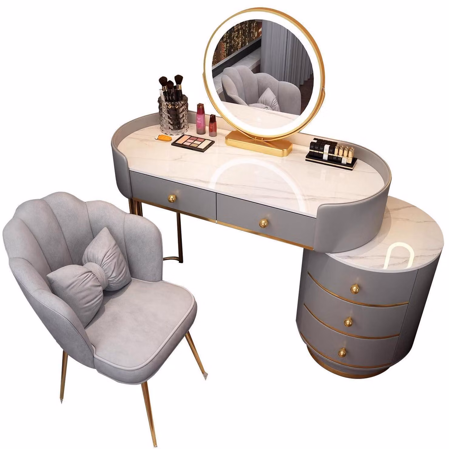 Comò da trucco con 3 specchi a LED e sedia, tavolino da trucco con cassetti, 100 cm, colore grigio