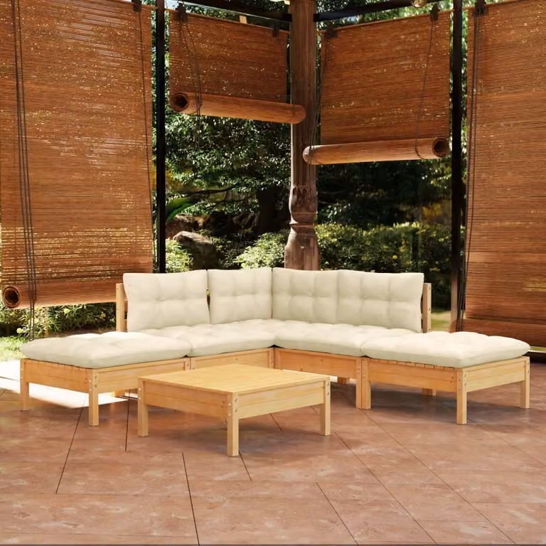 The Living Store Set da giardino da 6 pezzi con cuscini crema in legno di pino