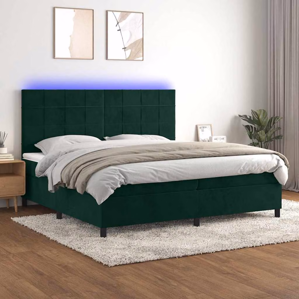 Letto Ibrido vidaXL in Velluto Verde con Materasso a Molle Individuali, Illuminazione LED e Porta USB, L/P: 200 x 200 cm – 1