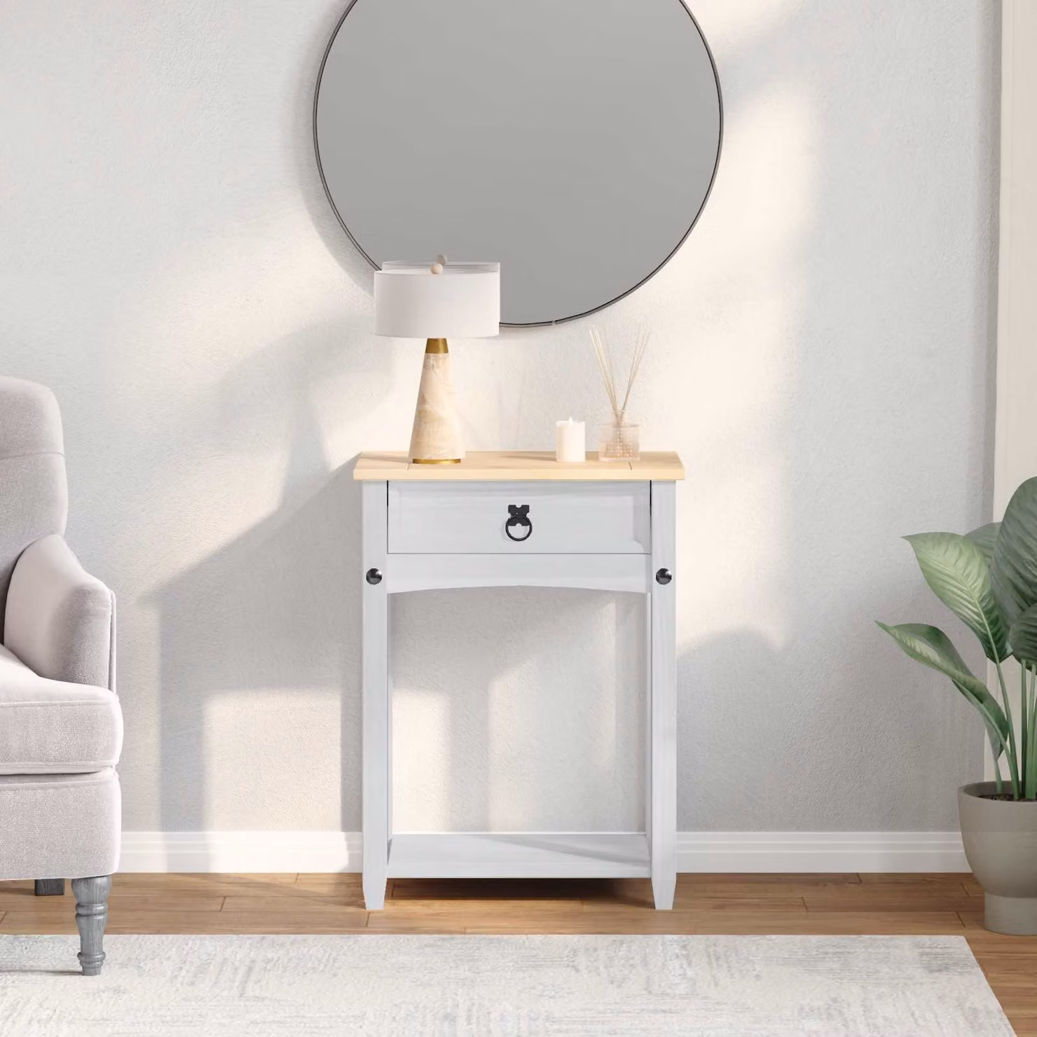 vidaXL Tavolo Consolle in Pino Massello Bianco Stile Rustico L/P/H: 55 x 35 x 73 cm
