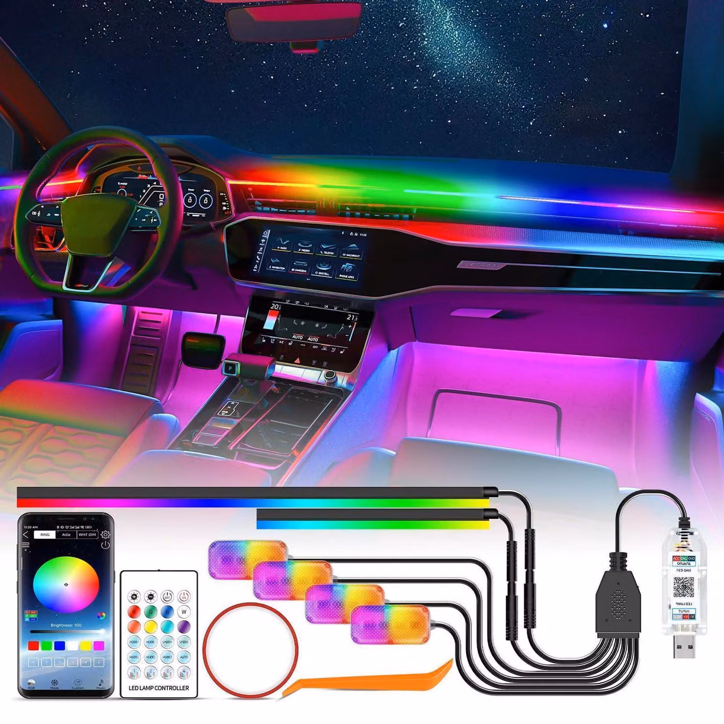 Illuminazione interna per auto, LED RGBIC, controllo tramite app USB e telecomando, modalità musicale, illuminazione per il vano piedi, 5V/12V