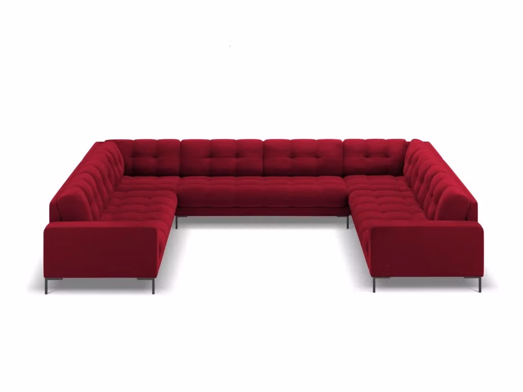 Divano panoramico Bali da 9 posti Cosmopolitan Design in velluto rosso e nero con forma a U e struttura in metallo – 2