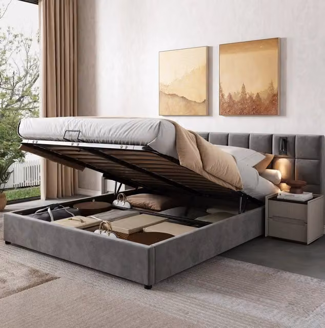Letto imbottito con contenitore idraulico, testiera in velluto grigio 180x200 cm, lampada direzionale e porta USB, struttura in acciaio