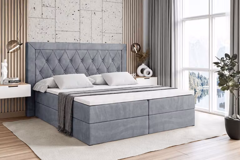 Letto boxspring ALTDECOR con materasso (altezza 20 cm) e topper (altezza 4 cm), letto imbottito con testiera e contenitore - NOEL - 180x200 - H3 / Grigio velluto