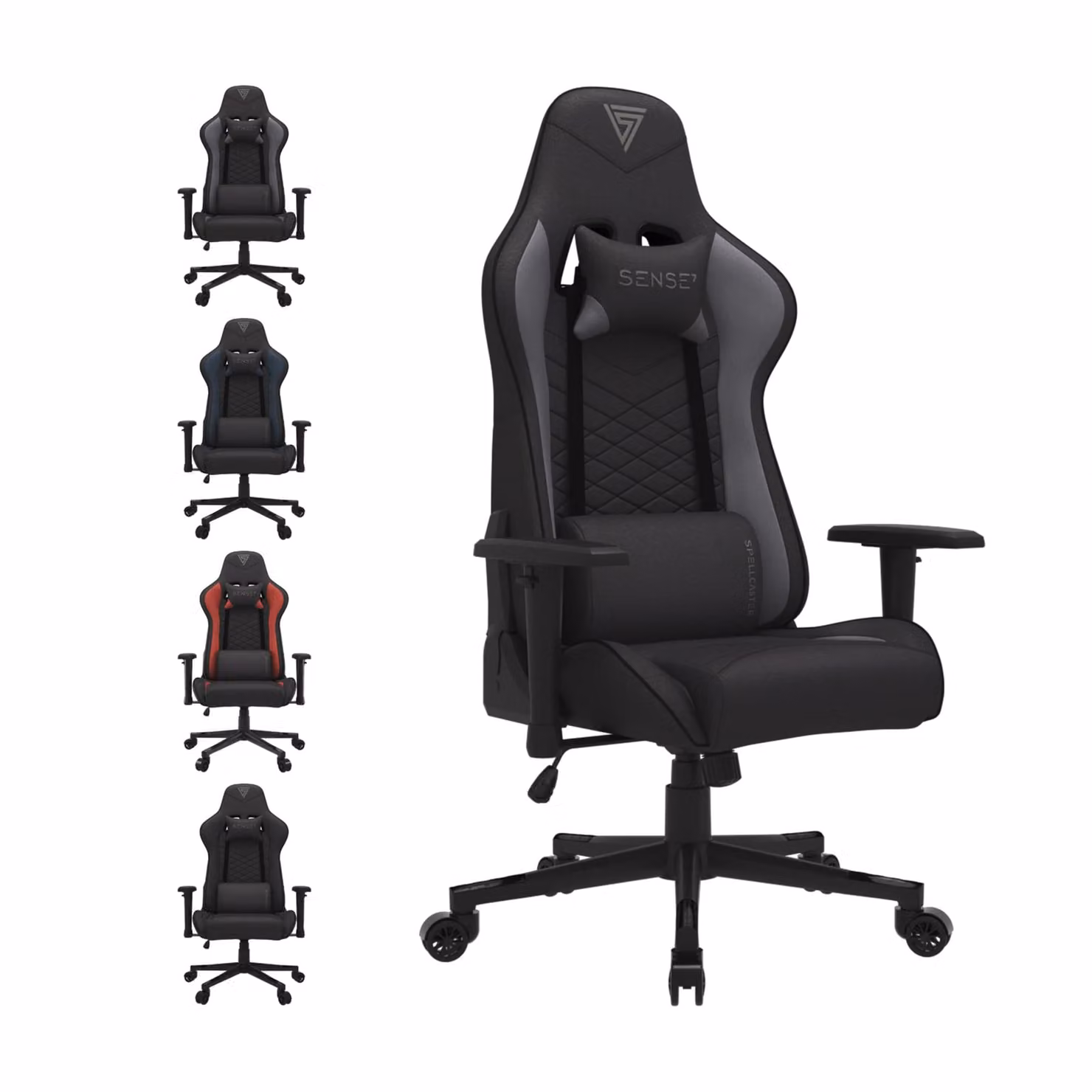 Sedia da gaming SENSE7 Spellcaster in tessuto nero-grigio - Sedia da ufficio ergonomica, sedia da scrivania per PC, sedia da gaming, portata 150 kg, braccioli 2D, reclinabile a 160°, poltrona direzionale