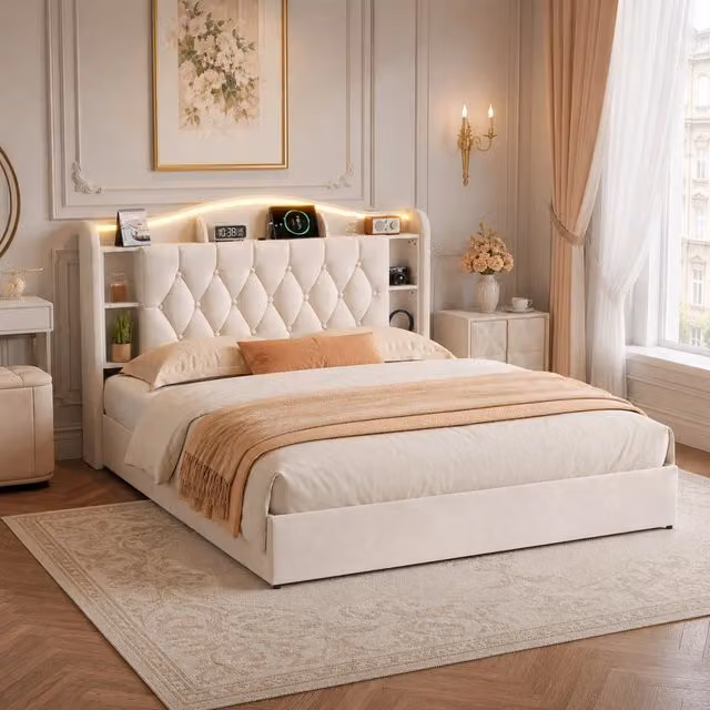 Letto a molle a sollevamento idraulico, testiera velluto beige, con luci LED RGB, stazioni di ricarica USB e wireless, scomparti porta oggetti, 140x200 cm