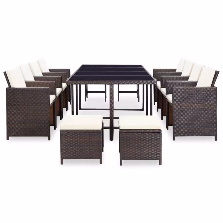 Set da Pranzo da Giardino 13 pz con Cuscini Polyrattan Marrone