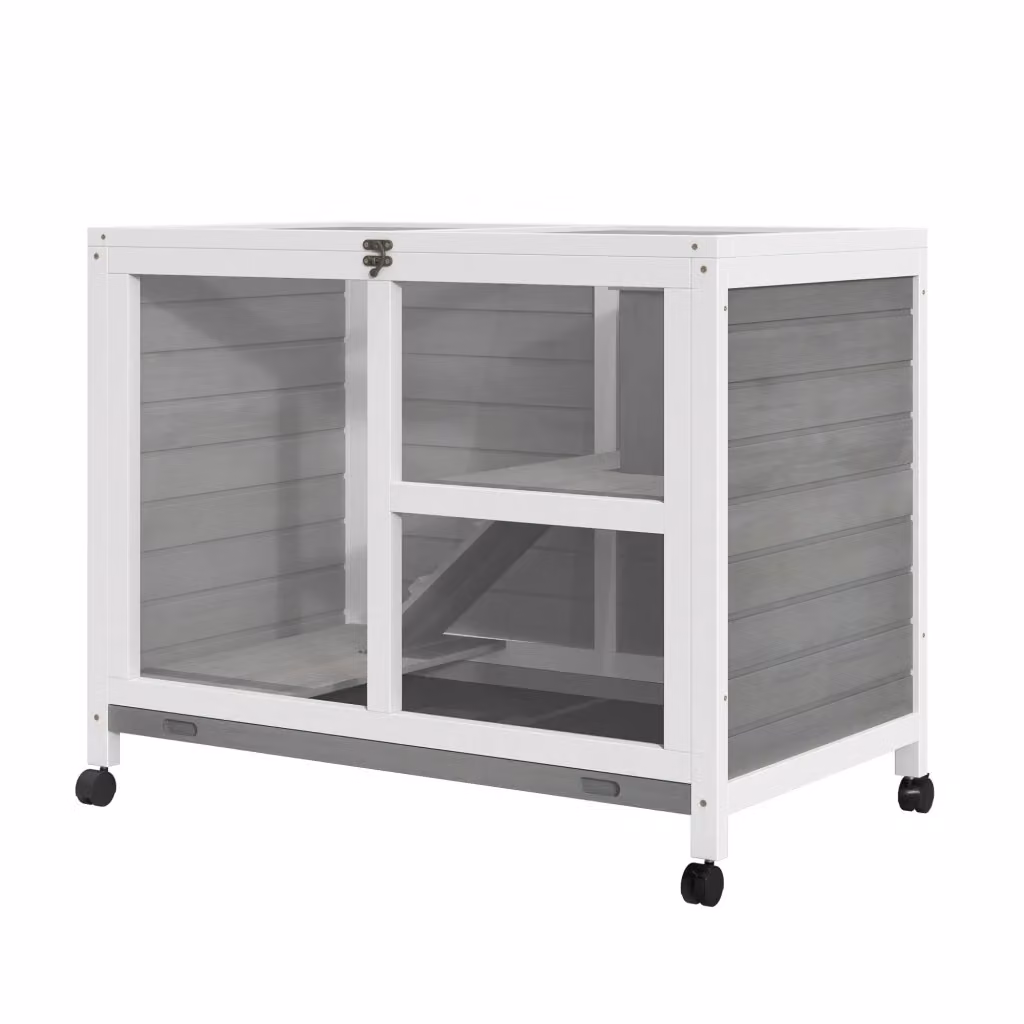 Gabbia per piccoli animali Zephmum a 2 livelli in legno di abete grigio con ruote – 2