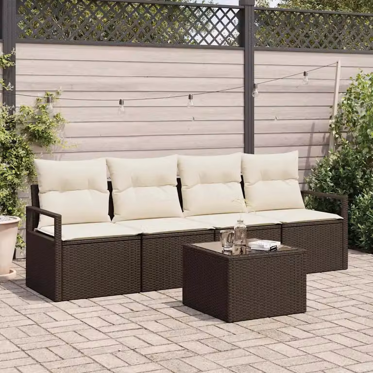 Set di divani da giardino vidaXL a forma di U composto da 5 pezzi con colore marrone e beige, include cuscini e tavolino in vetro con struttura in metallo e rattan resistente ai raggi UV