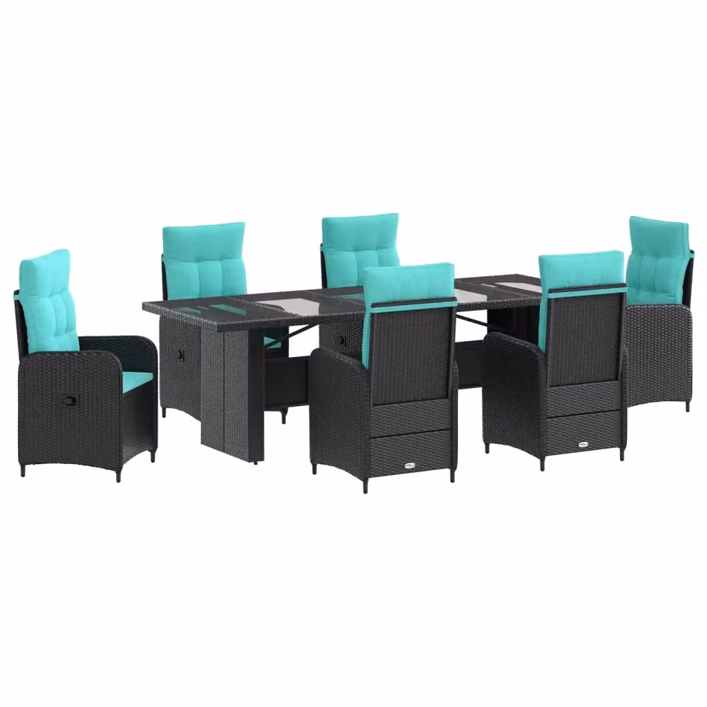 Set da pranzo per esterni vidaXL in polyrattan e legno di acacia, 7 pezzi, Nero e Turchese, L: 240 cm, P: 90 cm, H: 75 cm – 2