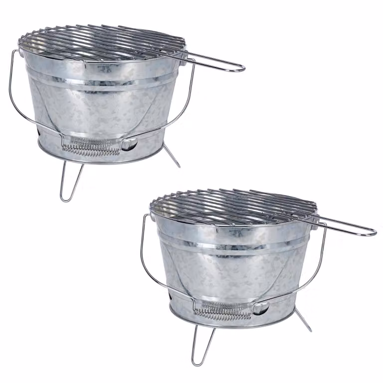 2 griglie per barbecue zincate con maniglia, diametro 27 cm. Barbecue portatile a carbone con griglia e piedi pieghevoli. Griglia mobile per campeggio, picnic e barbecue