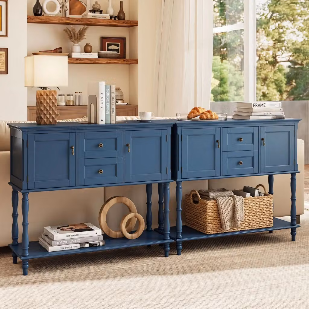 Tavolo consolle moderno in legno di pino blu con 2 cassetti, 2 ante e ripiano aperto per soggiorno e corridoio, L: 100 cm, H: 86,5 cm, P: 36 cm – 2