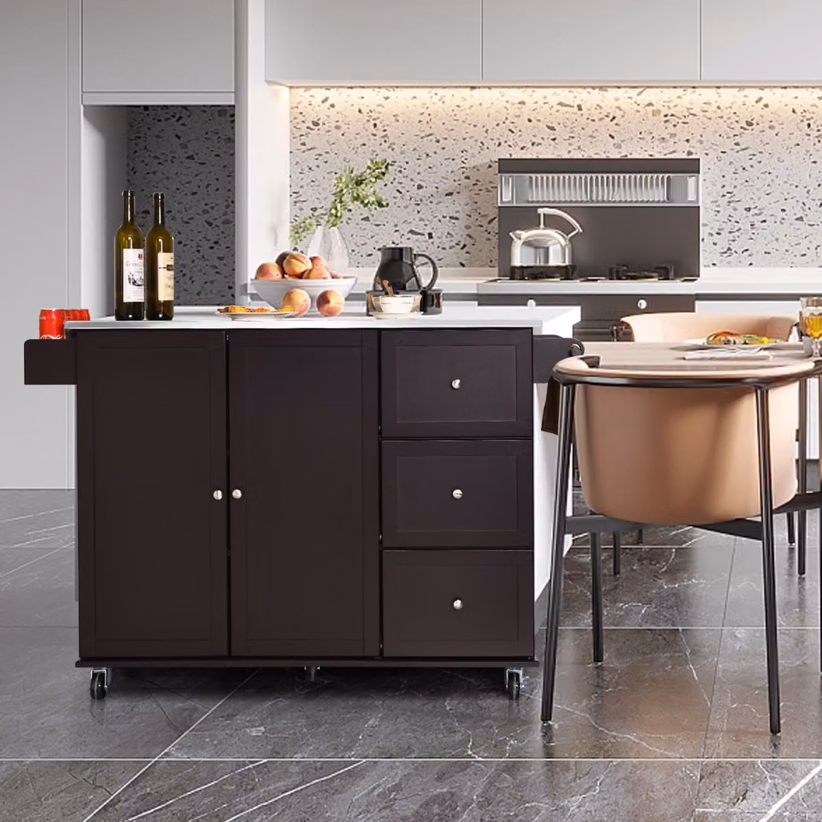 Carrello da cucina Costway con piano in acciaio inox, isola con 3 cassetti, armadietto a 2 ante e ripiani regolabili, L: 135 cm, P: 45,5 cm, H: 91,5 cm, Marrone – 3