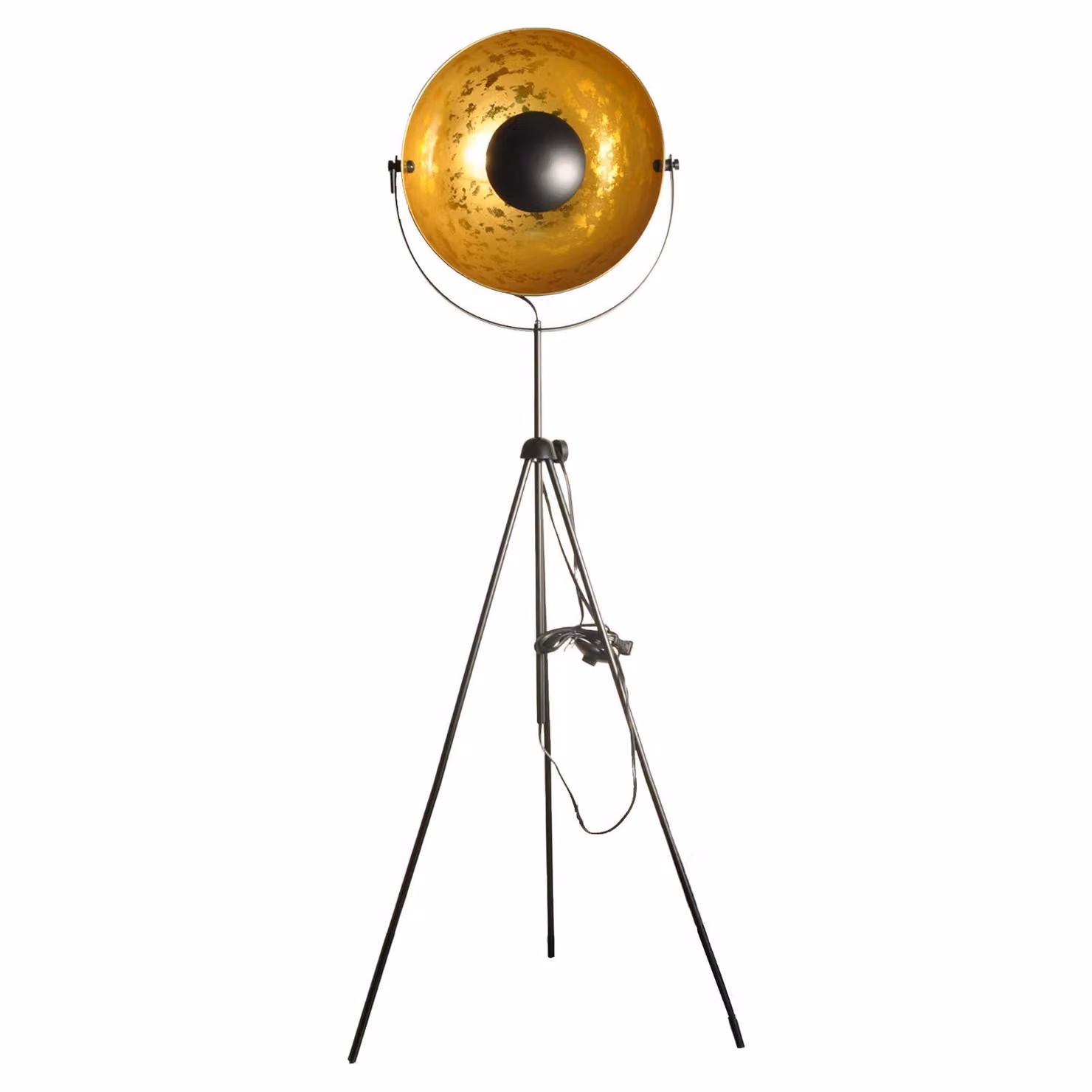 Moderna lampada da terra industriale a tre piedi con faretto orientabile in oro cracké e altezza regolabile