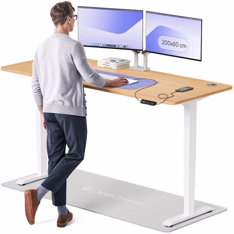 Scrivania regolabile elettricamente - 200x80 cm - Impiallacciatura di faggio bianco - Struttura in metallo - Ideale per lavoro, studio e gaming
