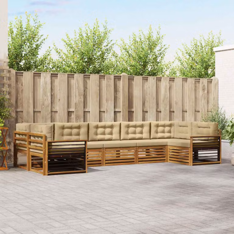 Set di divani da esterno vidaXL a forma di U composto da 7 pezzi in legno di acacia con cuscini beige e marrone