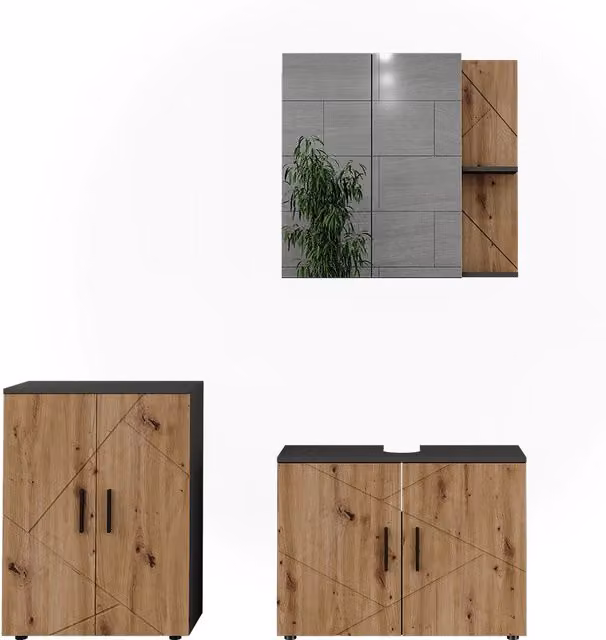 Set di mobili da bagno Vicco Irma in 3 pezzi, colore Antracite e Rovere dorato, con mobile lavabo, pensile specchio e mobileto laterale, design moderno a parete