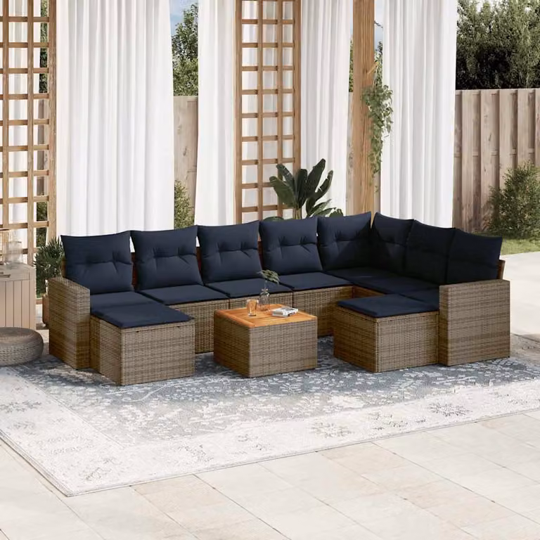 Set di divani da giardino vidaXL in polyrattan grigio con cuscini, tavolino e pouf per esterno