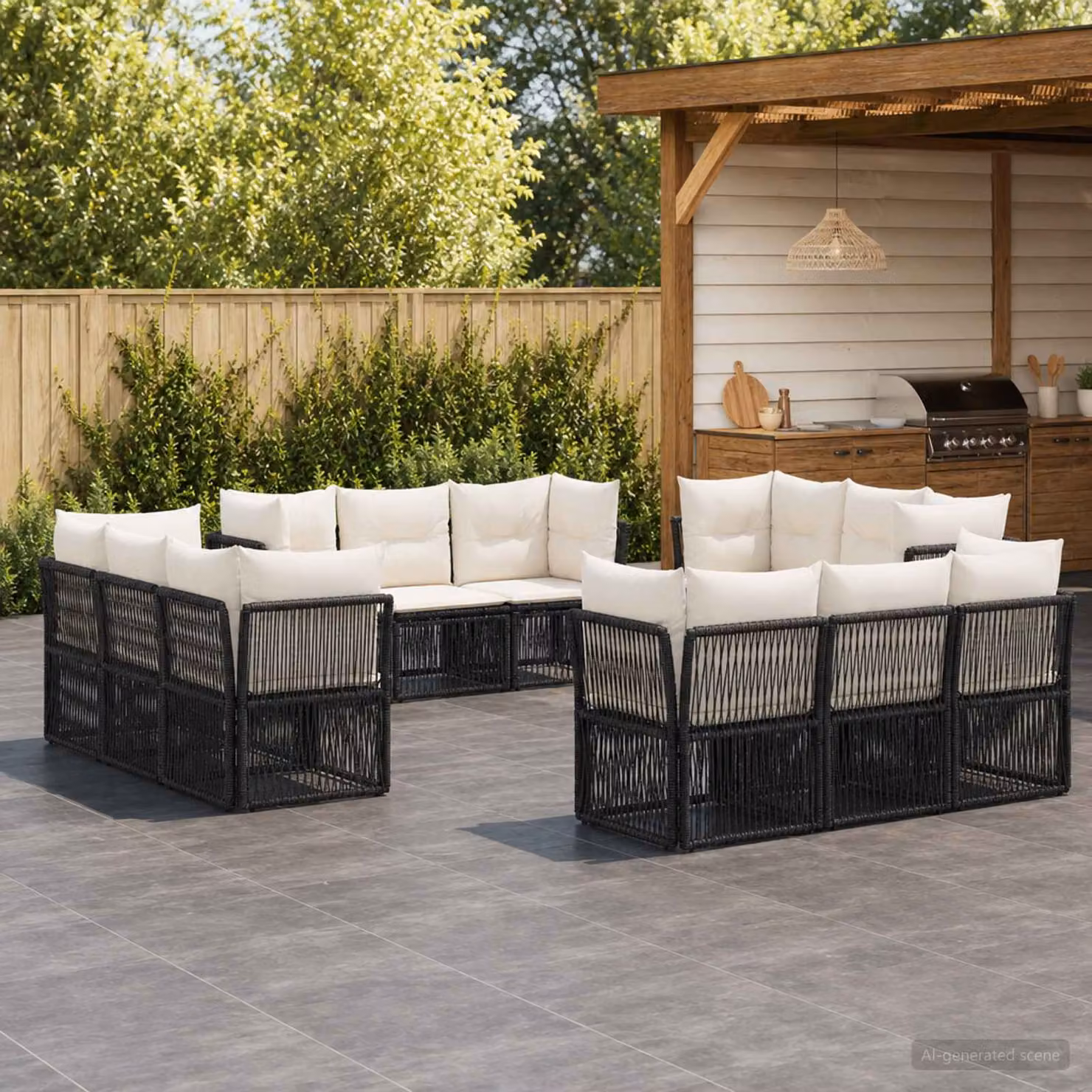 Set Divano da Giardino vidaXL a forma a U in Polyrattan Nero con Cuscini e Struttura in Acciaio