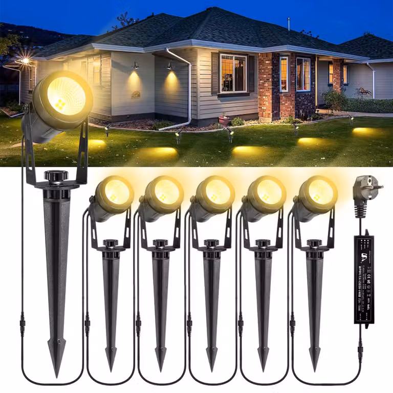 Illuminazione da giardino, set da 6 lampade con picchetto da terra, 21 faretti da giardino con spina, 1800 lumen, illuminazione per esterni resistente all'acqua (IP65), ideale per il giardino