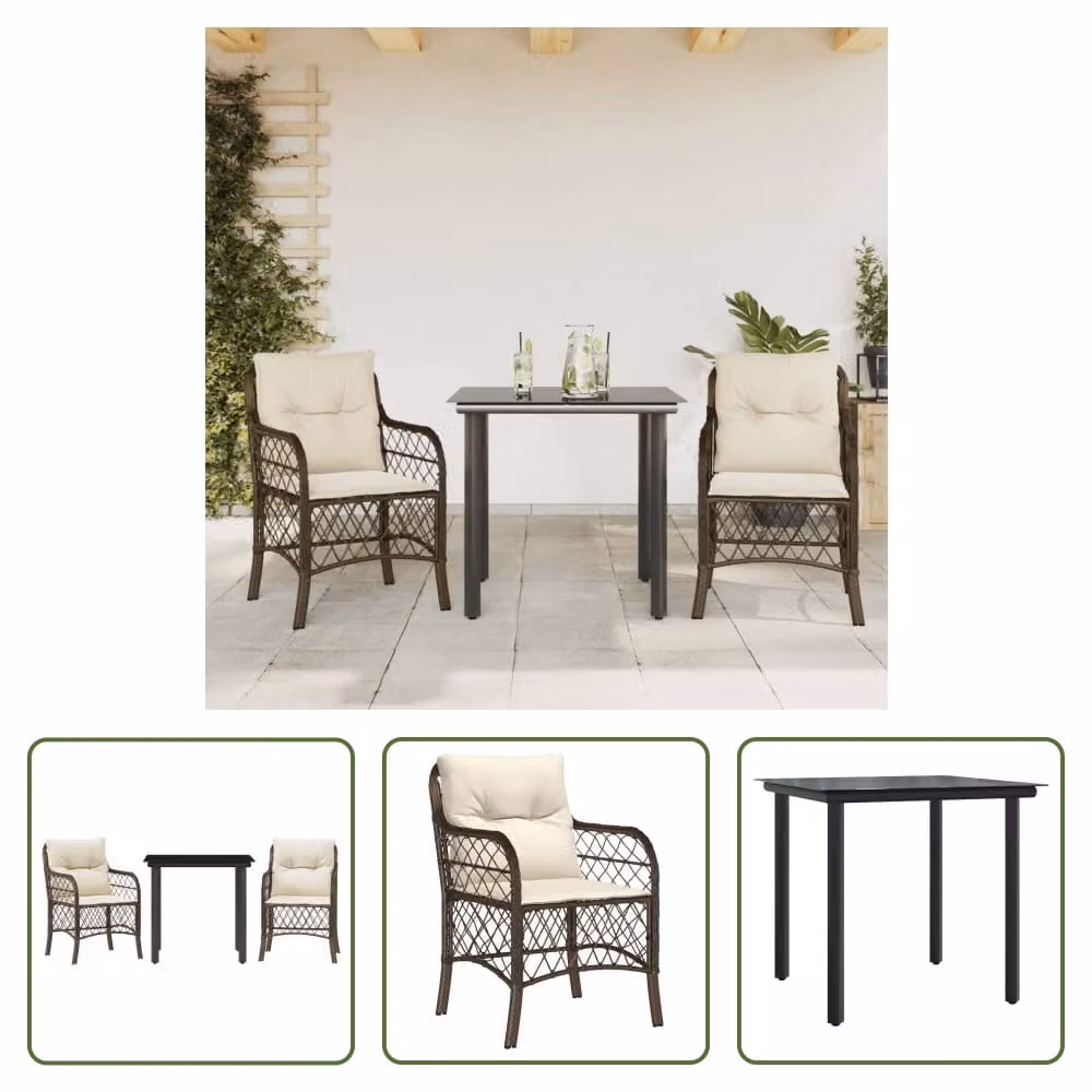 The Living Store Set bistrot 3 pezzi con cuscini in poly rattan marrone