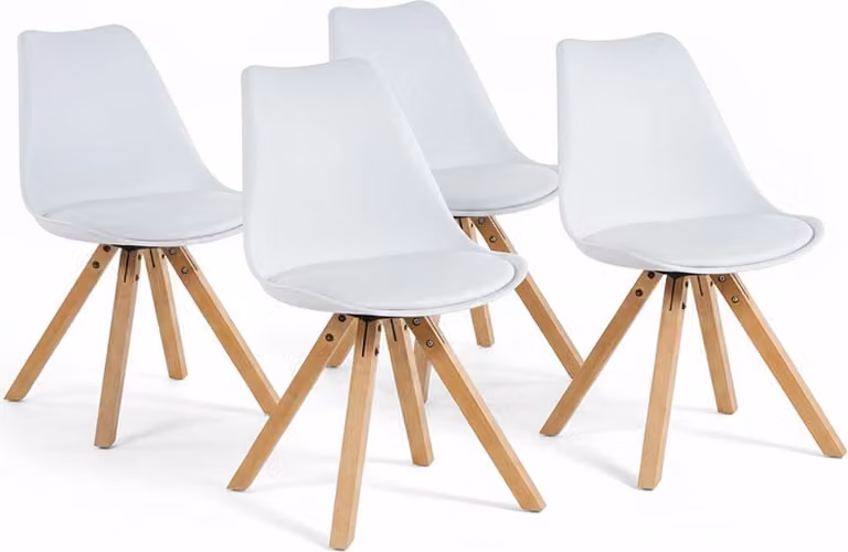 Set di 4 sedie in polipropilene con fibra di vetro e seduta imbottita in ecopelle, sedie in stile scandinavo con gambe in legno per cucina, sala da pranzo, ufficio, sala d'attesa, bar e ristorante - Sabina - Bianco