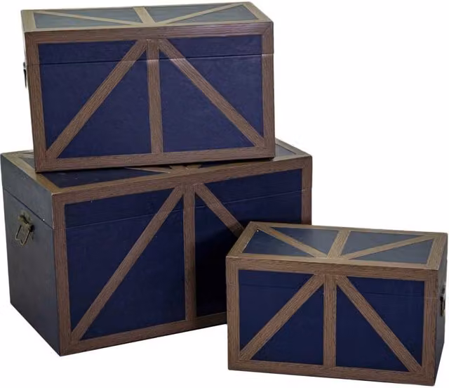 Set 3 Bauli Rettangolari in Similpelle e Legno Blu