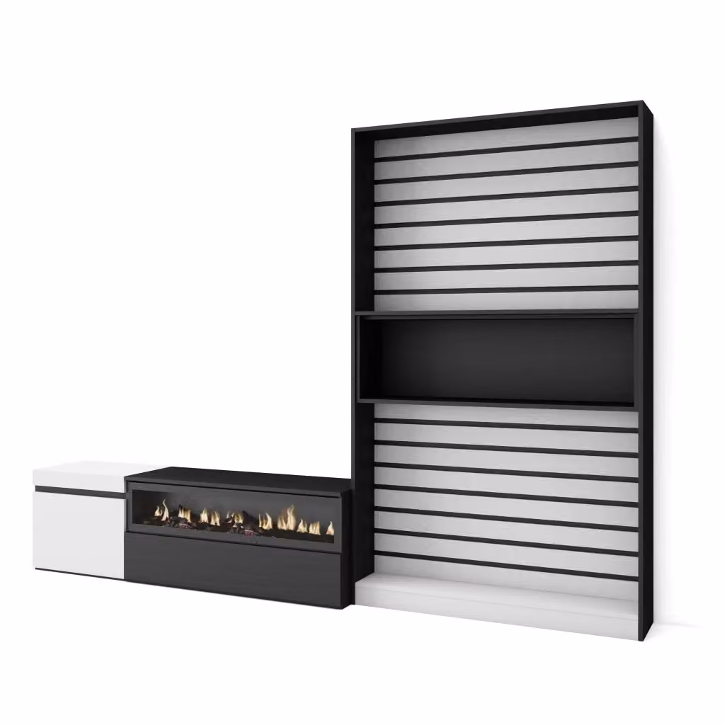 Mobile TV da soggiorno SKRAUT HOME con camino elettrico, per TV fino a 65 pollici, Bianco e nero, L: 260 cm, P: 35 cm, H: 186 cm – 2