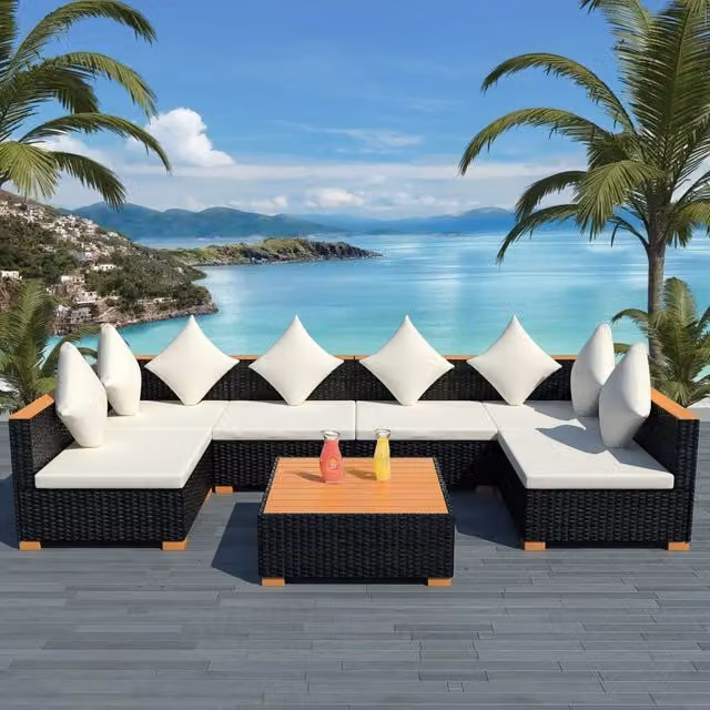 Set Divani da Giardino 7 pz con Cuscini in Polyrattan Nero 42751