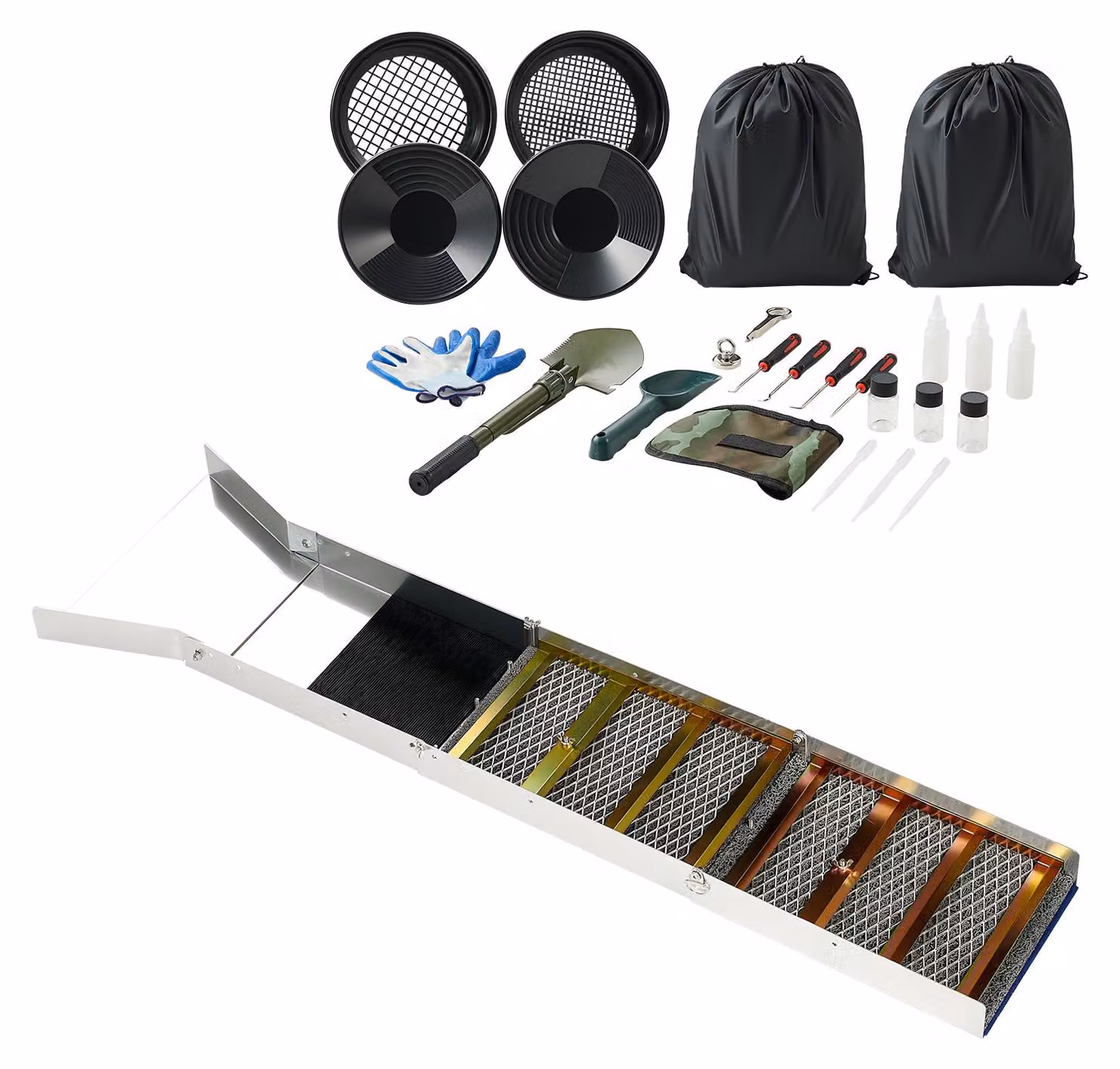 SucceBuy Set per la ricerca dell'oro Highbanker di alta qualità 127 cm (50 pollici), canaletta pieghevole 3 in 1 in alluminio, set portatile da 26 pezzi con padelle per la ricerca dell'oro, setaccio, magnete, zaino e accessori