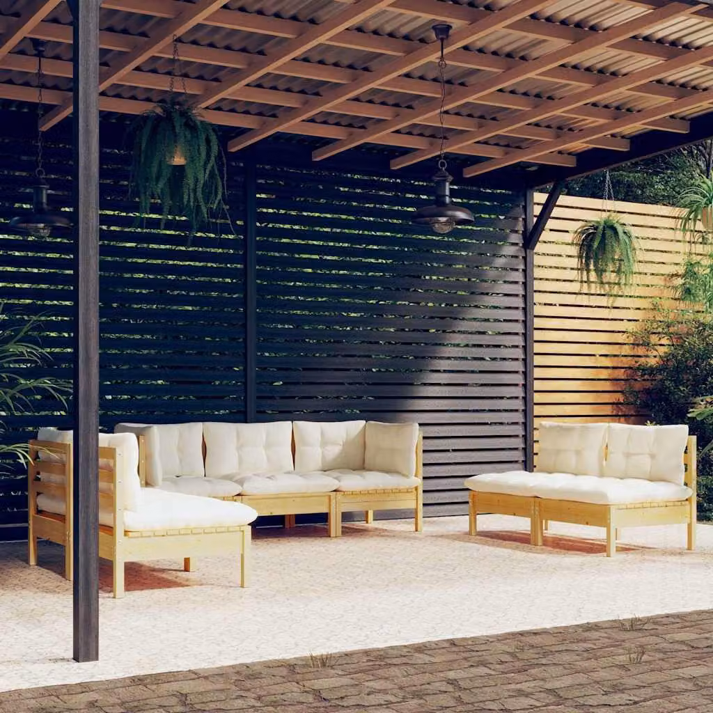 Set di divani da giardino vidaXL a forma di L composto da 7 pezzi in legno massello di pino con cuscini beige