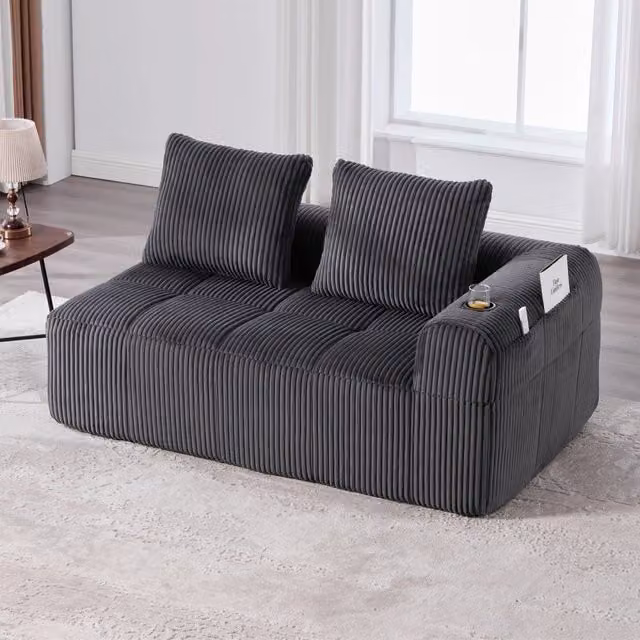 Divano compatto ULEVR 158x93x61 cm con tasche laterali e portabicchieri, rivestimento in velluto a coste grigio scuro