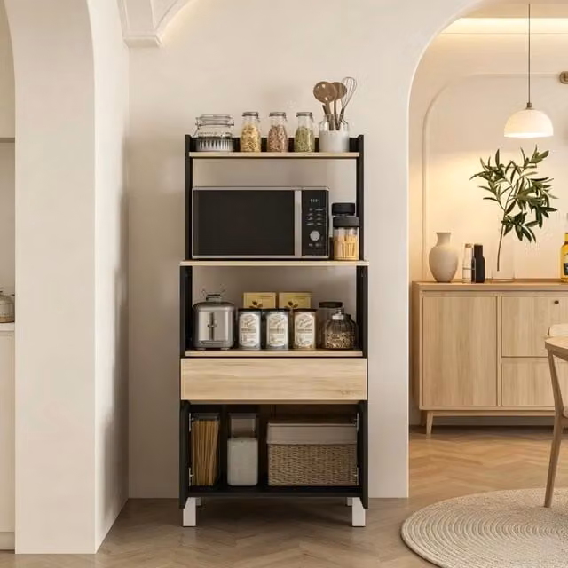 Mobile per microonde, credenza da cucina con armadio, cassetti e ripiano superiore, pratico mobile contenitore per la casa
