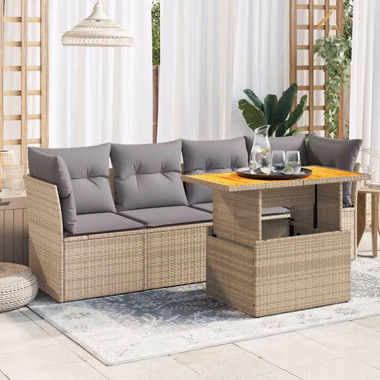 Set Divano da Giardino vidaXL 5 pz in Polyrattan con Cuscini Beige e Tavolino da Caffè Moderno