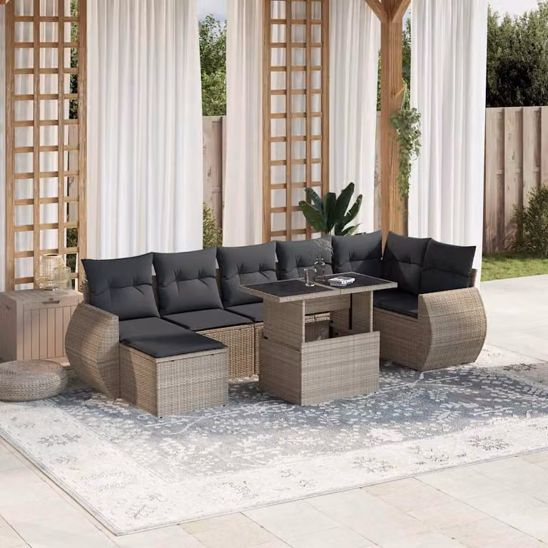 vidaXL Set Divano da Giardino a L in Polyrattan con Cuscini Grigio Antracite e Tavolino da Esterno 8pz