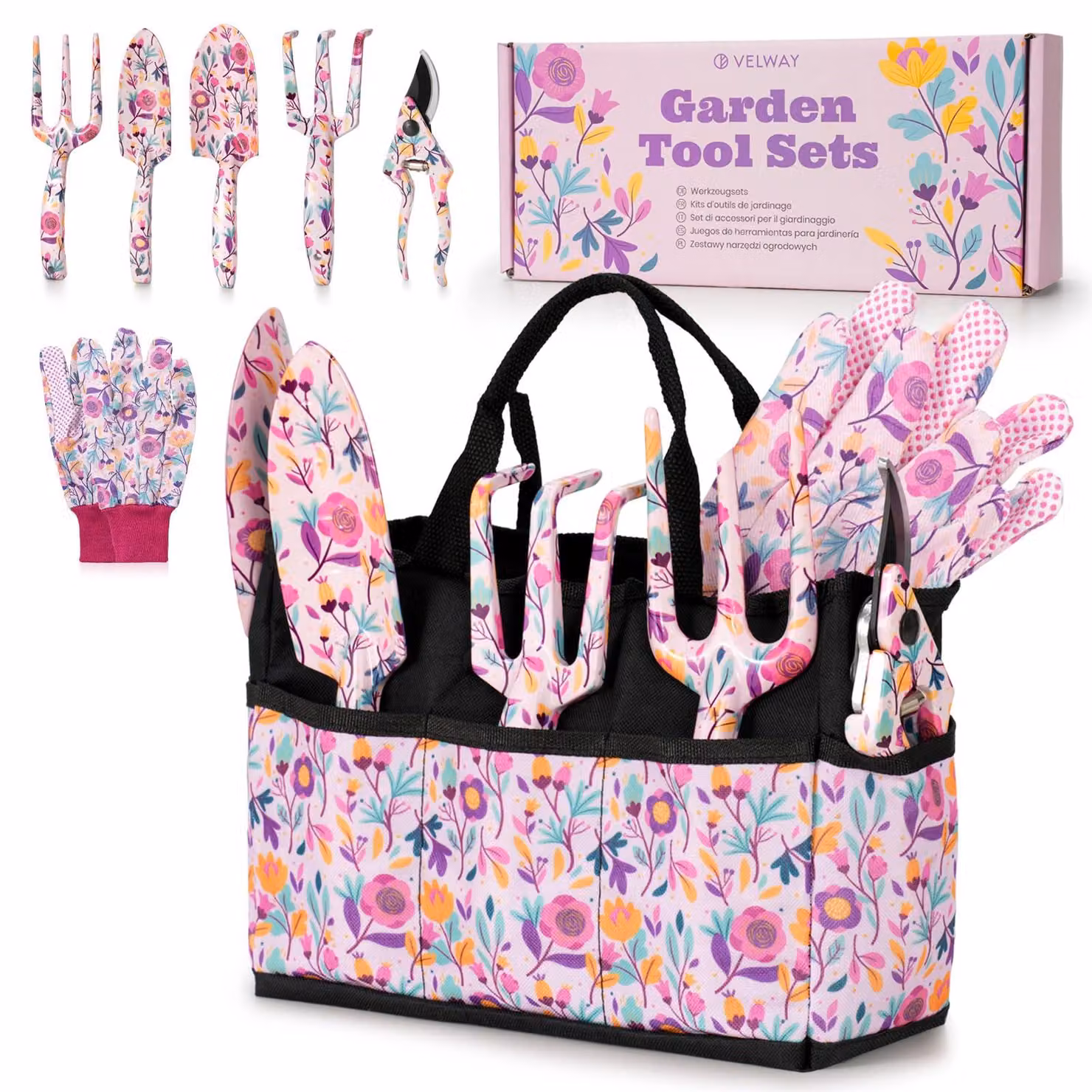 Set di attrezzi da giardino Velway, 7 pezzi – Un regalo per la mamma, completo di borsa e guanti, ideale per il giardino