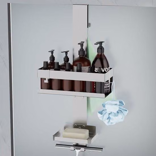 Cabina doccia sospesa in acciaio senza fori - Cabina doccia SUS304 con pannello - Porta in vetro senza telaio - 12 mm - Argento