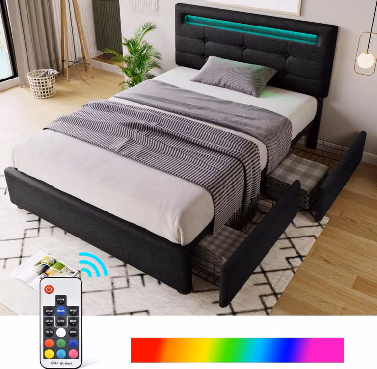 Letto imbottito 90x200, con illuminazione LED, 2 cassetti, testiera regolabile in altezza, rete a molle, senza materasso.